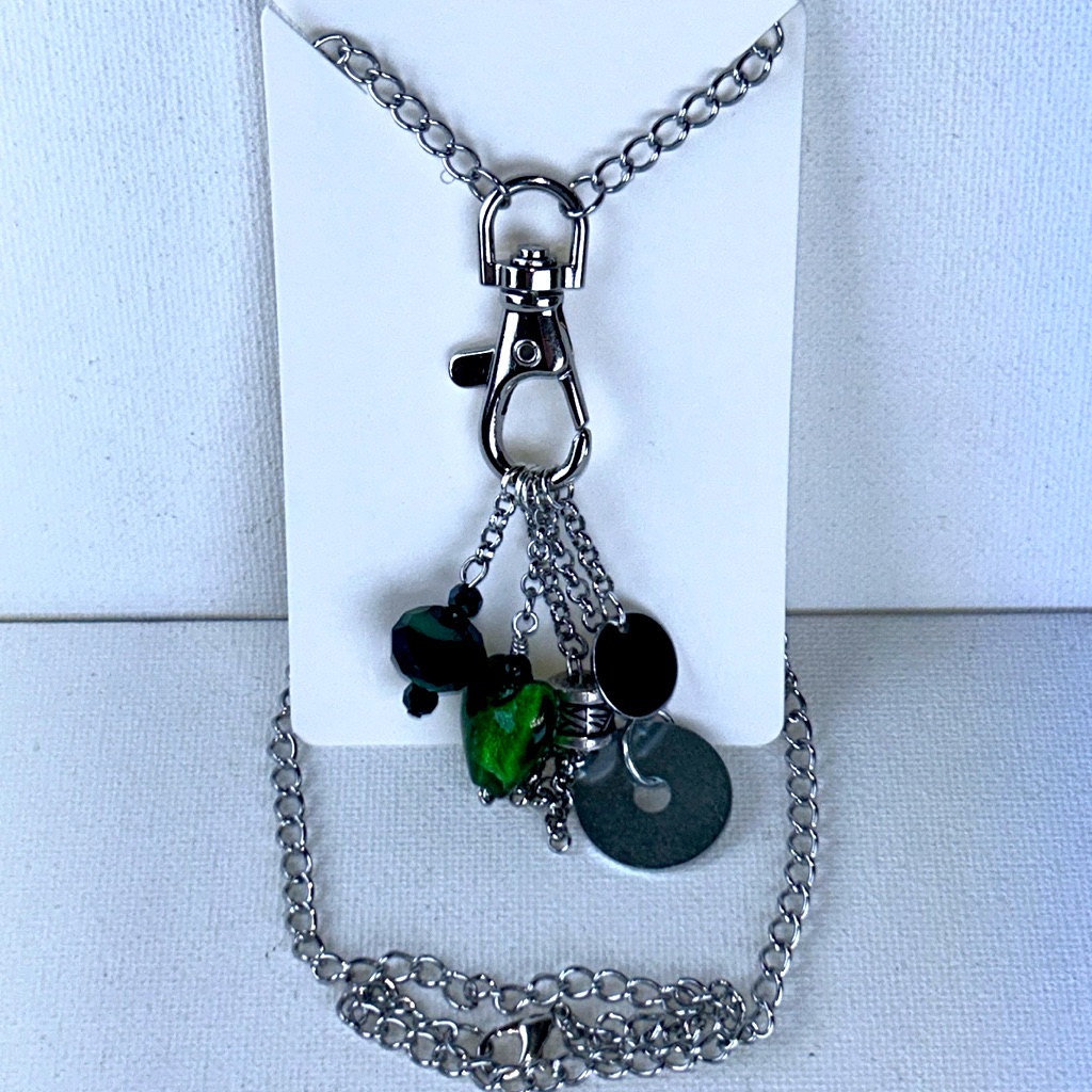 Stainless Steel Green Heart Bead Tassel 2 Discs Charm Necklace Work Casual Boho 40$